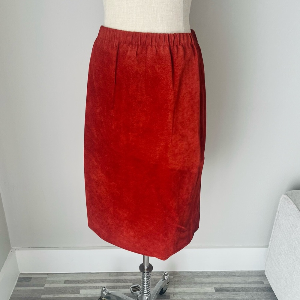 Vintage 70s / 80s rust burnt orange suede midi skirt with elastic waist